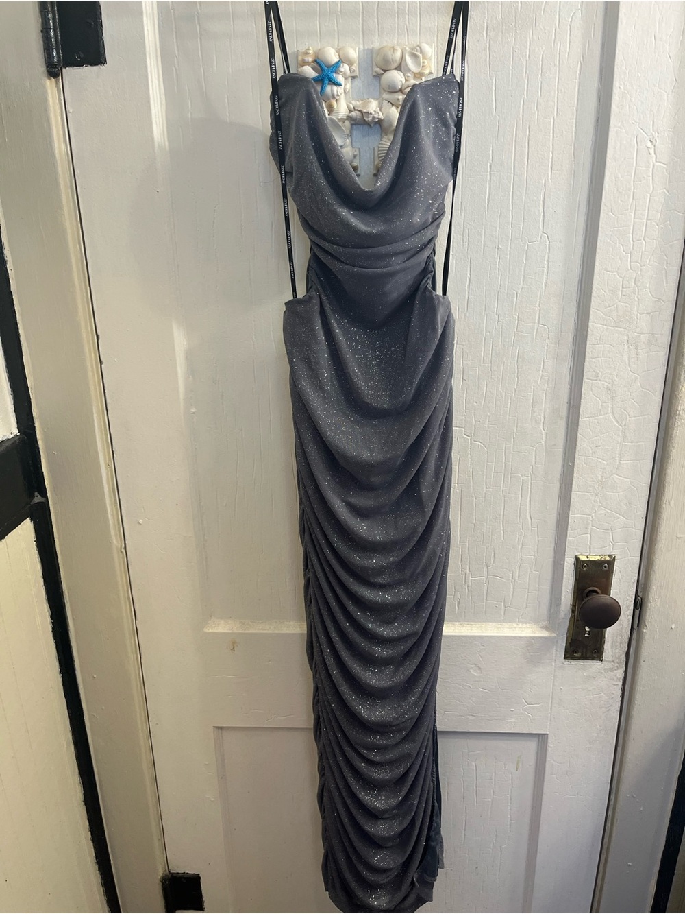 Symphony Sparkle-Gray Ruched Cowl Maxi Dress